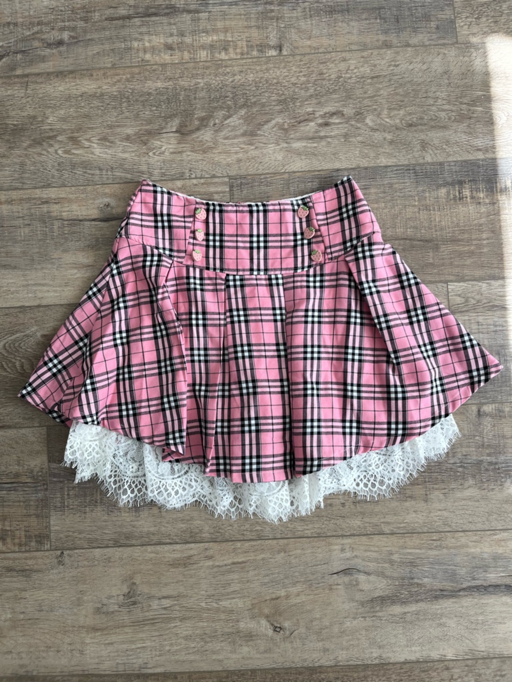 Hot Topic Pink And Black Plaid Strawberry Skater Mini Skirt with Lace Hem